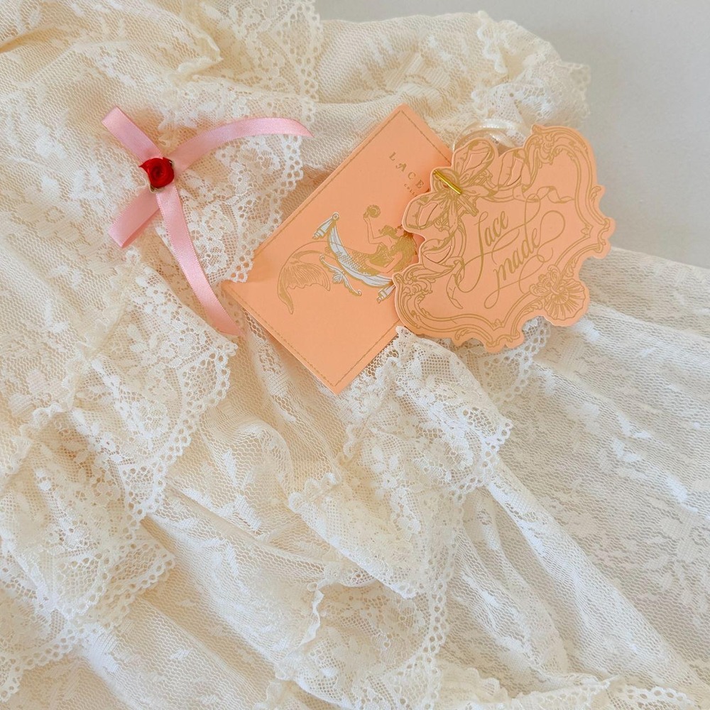 LaceMade Ivory Convertible Lace Ruffle Skirt Pink Bows Rose XS NWT - Picture 3 of 8